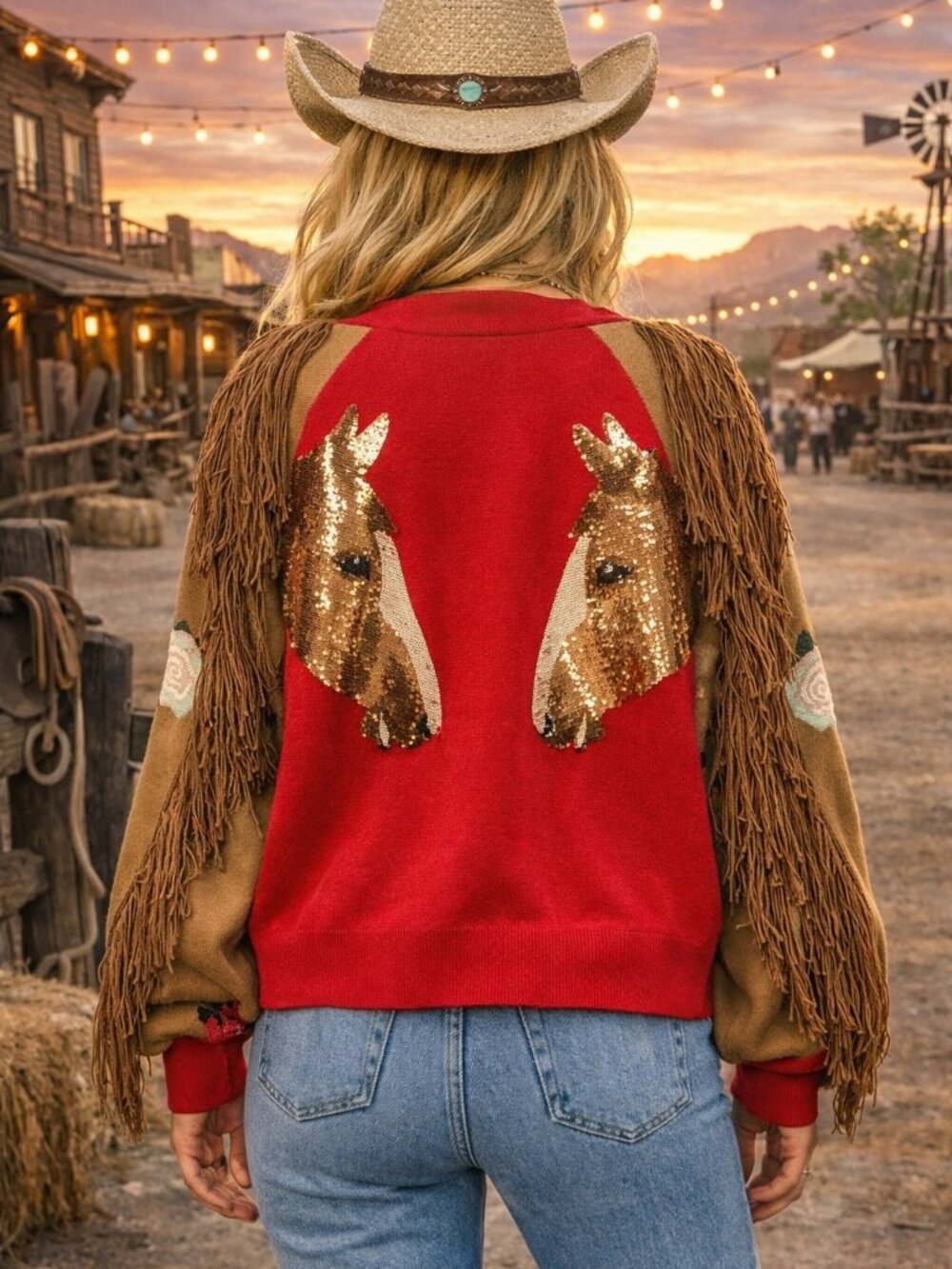 NWT Queen of Sparkles Red Rose & Fringe Horse Sleeve Button Up Cardigan - Picture 2 of 2